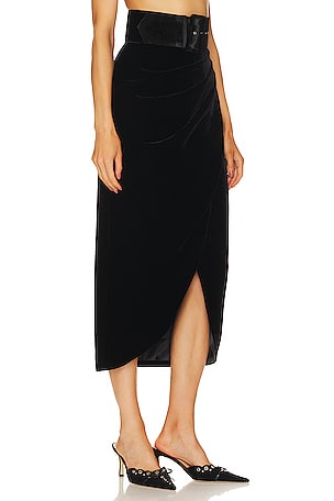 Rozie Corsets Draped Velvet Midi Skirt in Black