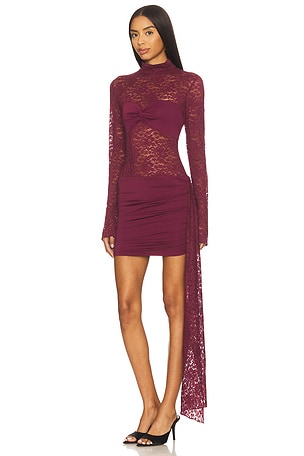 Runaway The Label Larna Lace Long Sleeve Mini Dress in Wine. Size XS. Also