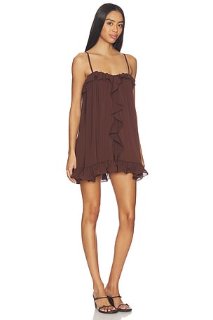 Runaway The Label Kristia Flounce Ruffle Mini Dress in Chocolate