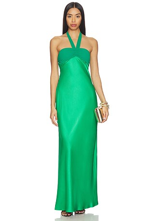 Runaway The Label Marilla Ruched Halter Maxi Dress in Green