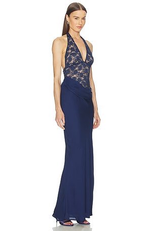 Runaway The Label Lina Halter Draped Maxi Dress in Navy