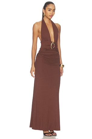Runaway The Label Arina Halter V-neck Maxi Dress in Brown