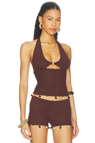 Runaway The Label Bailee Deep-v Halter Knit Top in Chocolate