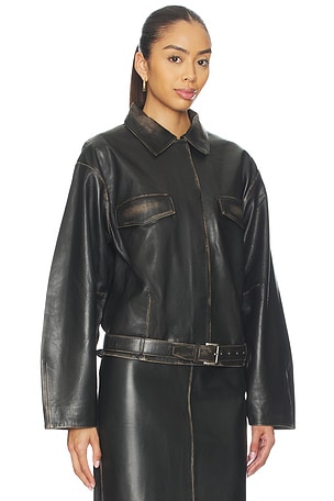 St. Agni Brushed Leather Belted Jacket in Black. Size S. Also