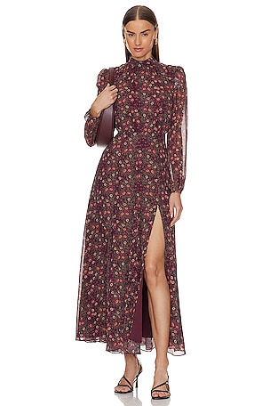 saloni burgundy dress Camille Velvet Embellished Bows Long Dress in Burgundy main image 1
