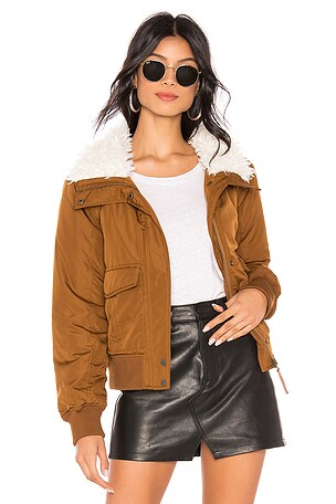 Sanctuary Aviator Flight Jacket With Faux Fur Collar in Caramel