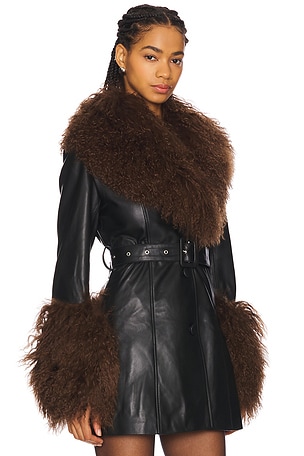 Susanna Chow Mimi Leather Coat With Fur Trim in Black