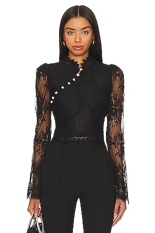 fleur du mal Collared Bodysuit With Dotted Tulle in Black