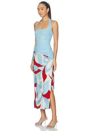 SEVEN WONDERS Evie Halter Ruched Midi Dress in Blue,Red