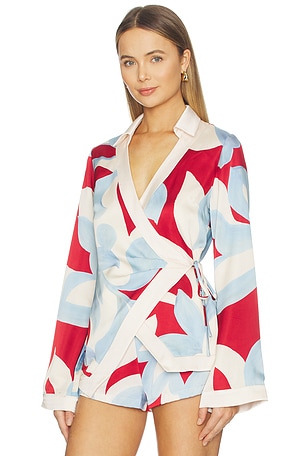 SEVEN WONDERS Amoree Long Sleeve Wrap Shirt in Red, Baby Blue