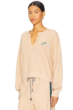 SUNDRY Good Vibes Split Neck Sweatshirt in Tan