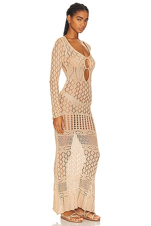 SNDYS x REVOLVE Long Sleeve Crochet Maxi Dress in Tan