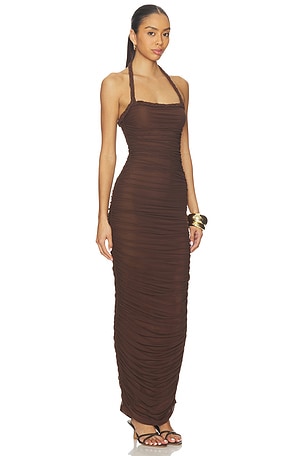 SNDYS Gianna Ruched Halterneck Maxi Dress in Chocolate