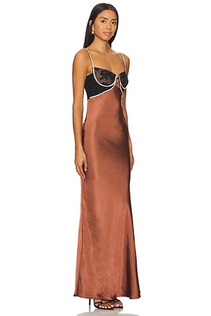 self-portrait Satin Diamante Maxi Dress in Brown