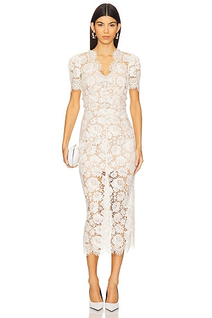 Cream Fine Lace Pearl Midi Dress self-portrait