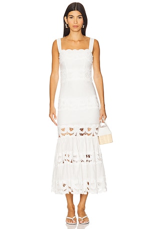 self-portrait Linen Lace Insert Midi Dress in White