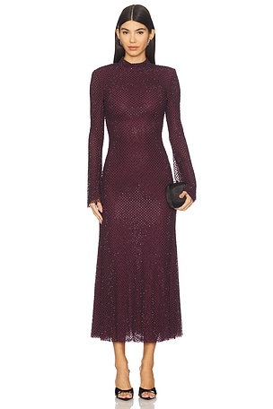 Burgundy Rhinestone Fishnet Midi Dress self-portrait