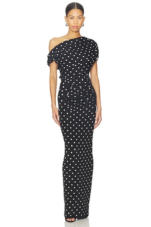 Polka Dot Draped Knit Midi Dress self-portrait