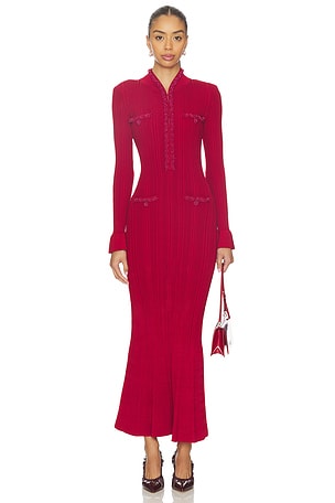 Red Pearl Trim Knit Midi Dress self-portrait