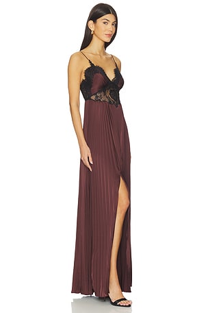 self-portrait Brown Satin Lace Insert Maxi Dress in Brown