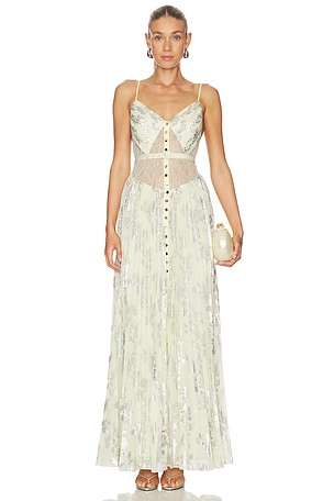 self-portrait Yellow Metallic Chiffon Maxi Dress in Yellow,Metallic Silver