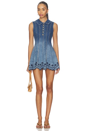 Denim Broderie Mini Dress self-portrait