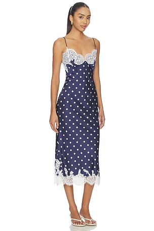 Self-portrait vestido midi Marino polka dot saten en color azul mareno