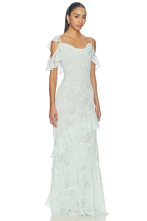 self-portrait Mint Embroidered Georgette Maxi Dress in Mint