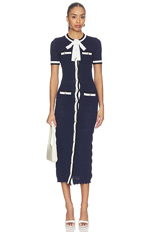 self-portrait Navy Pointelle Knit Midi Dress in Navy