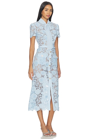 self-portrait Blue Lace Tie Neck Midi Dress in Blue