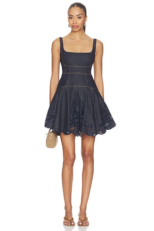 ROBE COURTE INDIGO DENIM BOW EMBROIDERED self-portrait