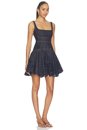 self-portrait Indigo Denim Bow Embroidered Mini Dress in Blue