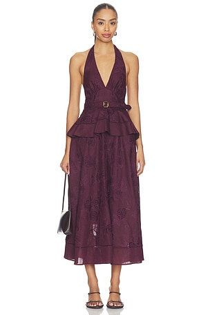 Plum Linen Peplum Midi Dress self-portrait