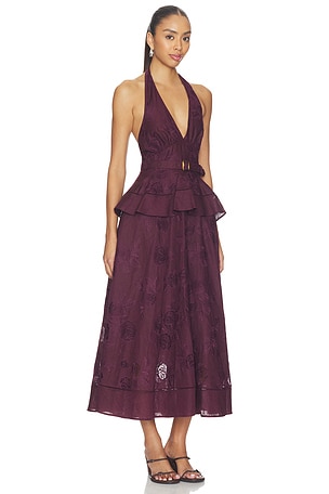 self-portrait Plum Linen Peplum Midi Dress in Burgundy