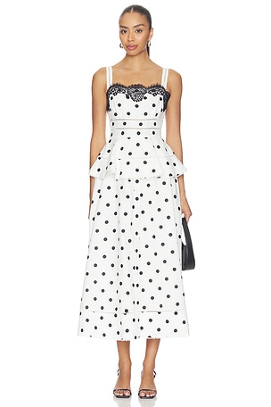 White Polka Dot Linen Midi Dress self-portrait