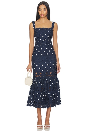 Navy Polka Dot Linen Dress self-portrait