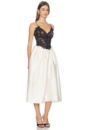 self-portrait Cream Taffeta Contrast Lace Midi Dress in Cream