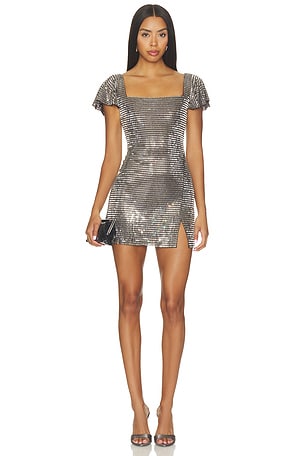 Grey Rhinestone Mesh Mini Dress self-portrait