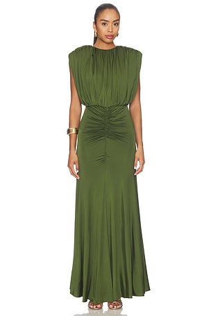 Olive Jersey Gathered Maxi Dress self-portrait