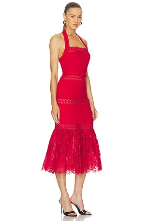 self-portrait Red Linen Blend Lace Midi Dress in Red