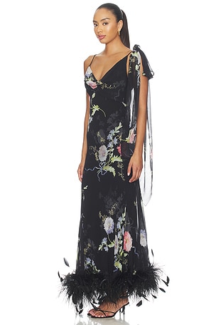 self-portrait Black Floral Georgette Feather Maxi Dress in Black