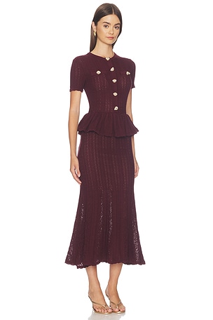 self-portrait Pointelle Peplum Knit Midi Dress in Burgundy
