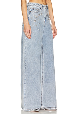 self-portrait Embellished Wide Leg in Denim-Light