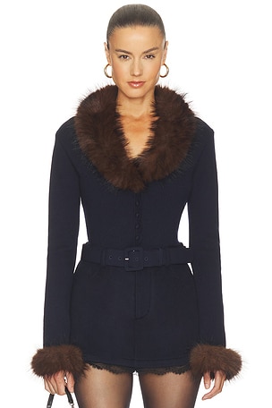 Navy Faux Fur Knit Cardigan self-portrait