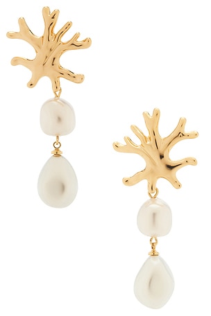 Gold Coral Pearl Earrings self-portrait