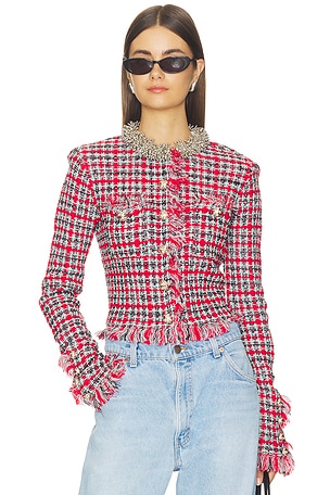 Red Check Frayed Knit Jacket self-portrait