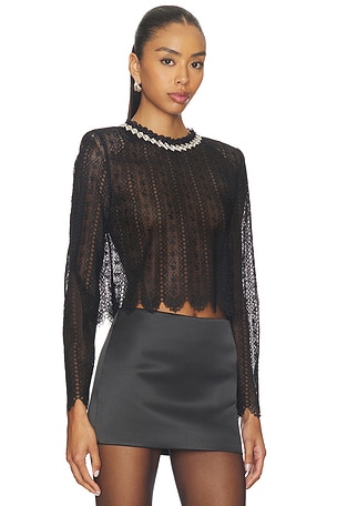 self-portrait Black Organza Lace Top in Black