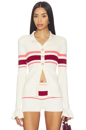 Cream Stripe Viscose Knit Button Top self-portrait