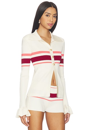 self-portrait Crème Stripe Viscose Knit Button Top en Crème