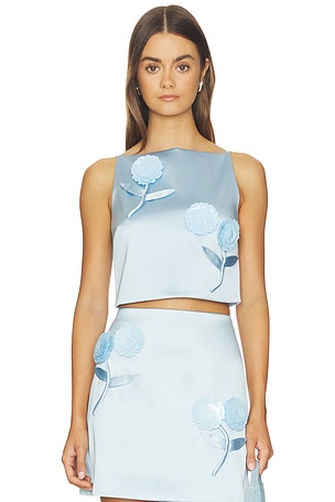 Blue Satin 3d Sequin Flower Top self-portrait